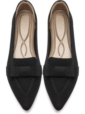 Women's Black Rubber Soft Knit Breathable Pointed Toe Ballet Flats Casual Shoes